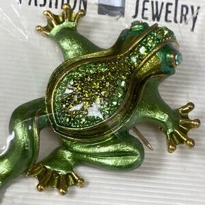 Frog Brooch Green Enamel Rhinestone New Fashion Jewelry 2.5”